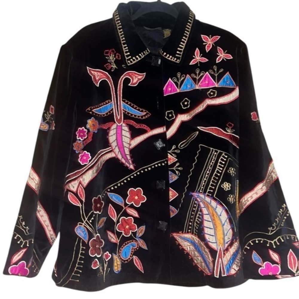 Vintage Allure Floral Embroidered Appliques Black Jacket Blazer XL